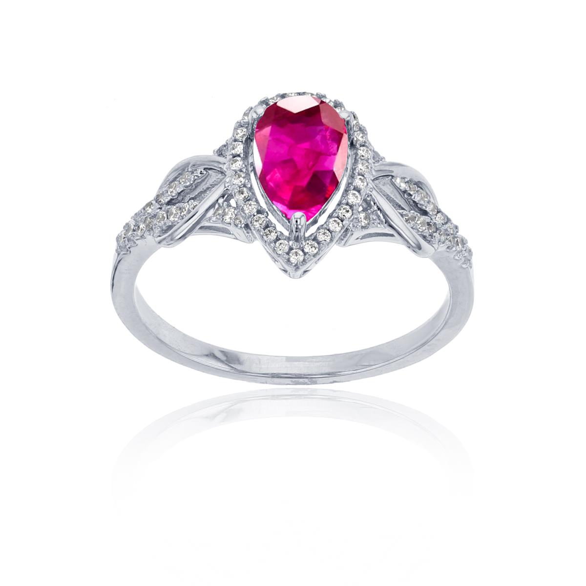 Sterling Silver Rhodium 0.17CTTW Rnd Diamond & 8x5mm Pear Cut Created Ruby Knot Sides Ring
