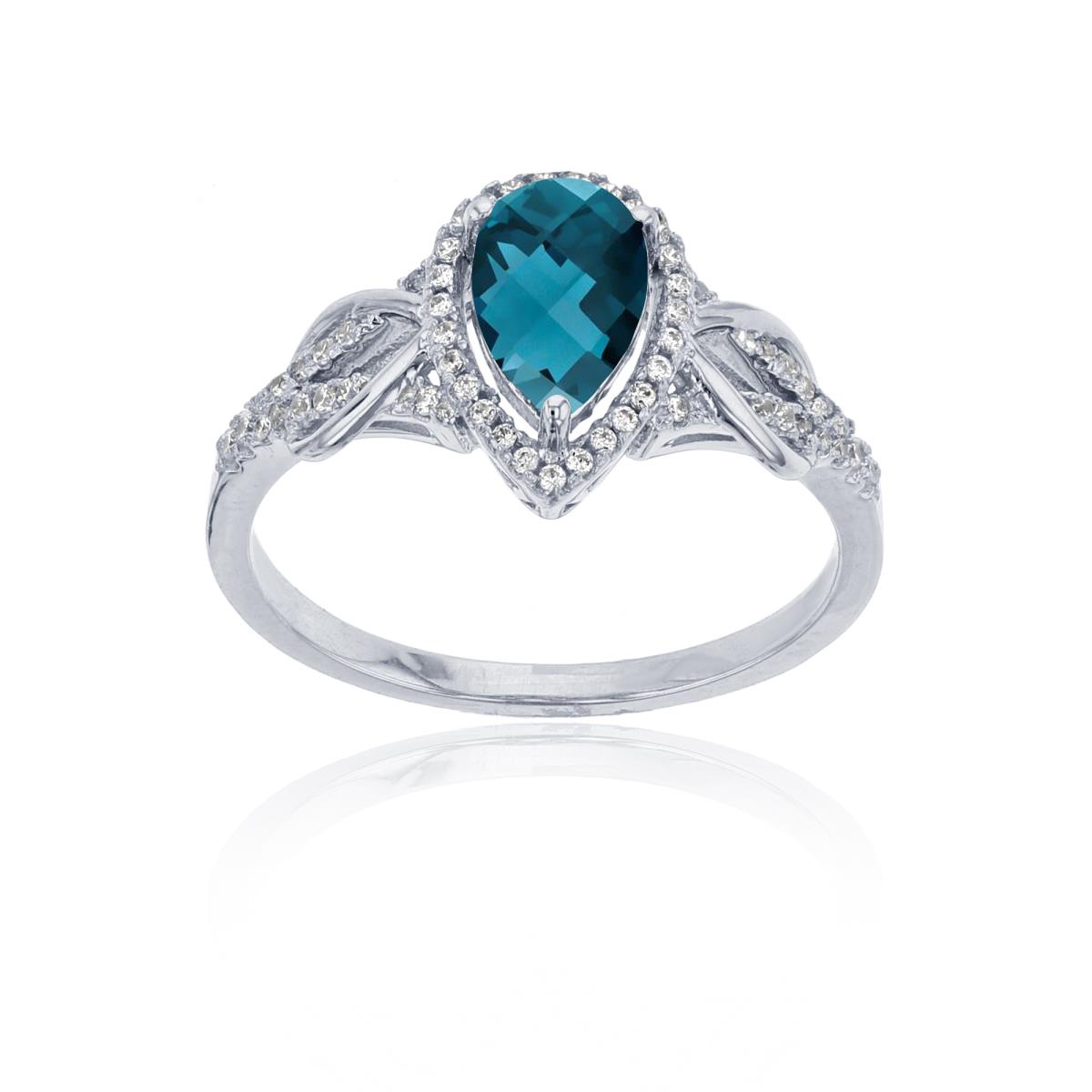 Sterling Silver Rhodium 0.17CTTW Rnd Diamond & 8x5mm Pear Cut London Blue Topaz Knot Sides Ring