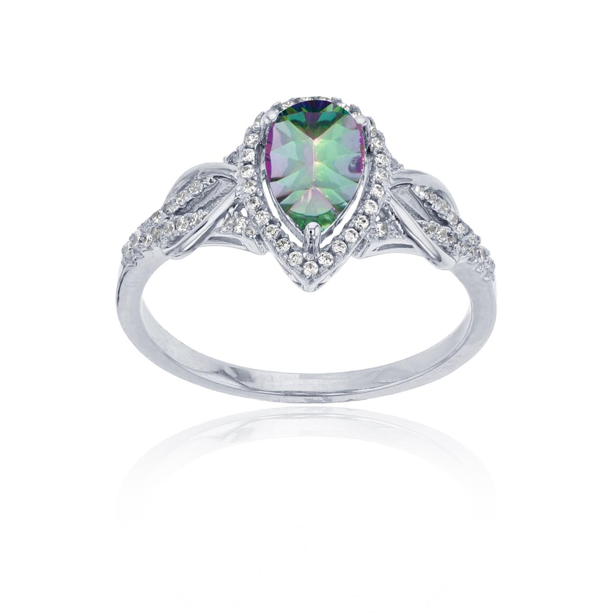 Sterling Silver Rhodium 0.17CTTW Rnd Diamond & 8x5mm Pear Cut Mystic Green Quartz Knot Sides Ring