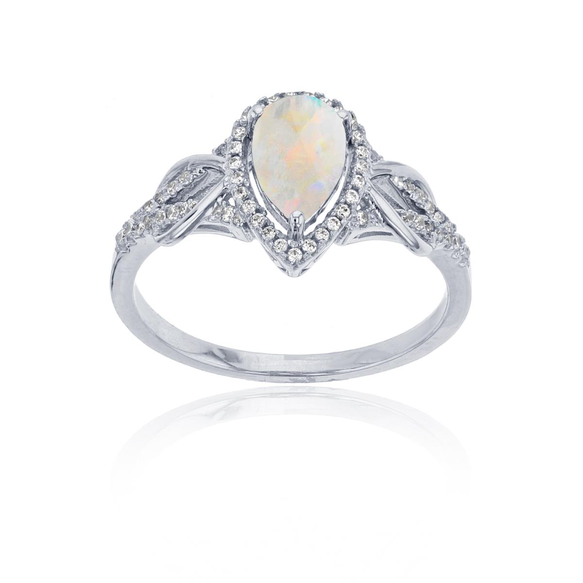 Sterling Silver Rhodium 0.17CTTW Rnd Diamond & 8x5mm Pear Cut Opal Knot Sides Ring
