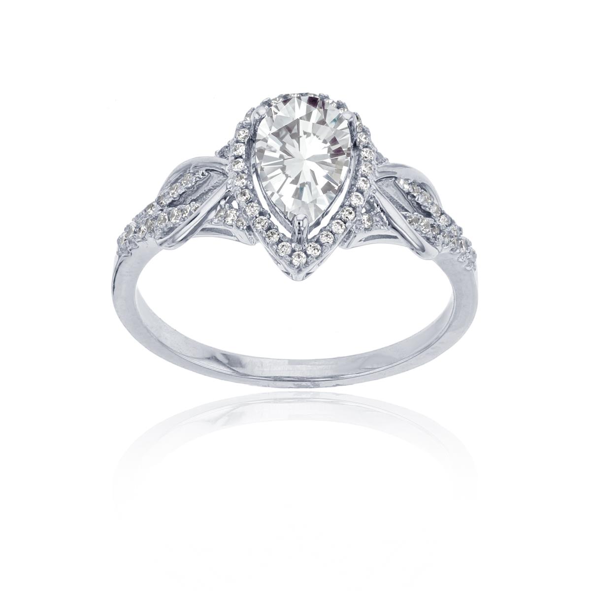 Sterling Silver Rhodium 0.17CTTW Rnd Diamond & 8x5mm Pear Cut White Topaz Knot Sides Ring