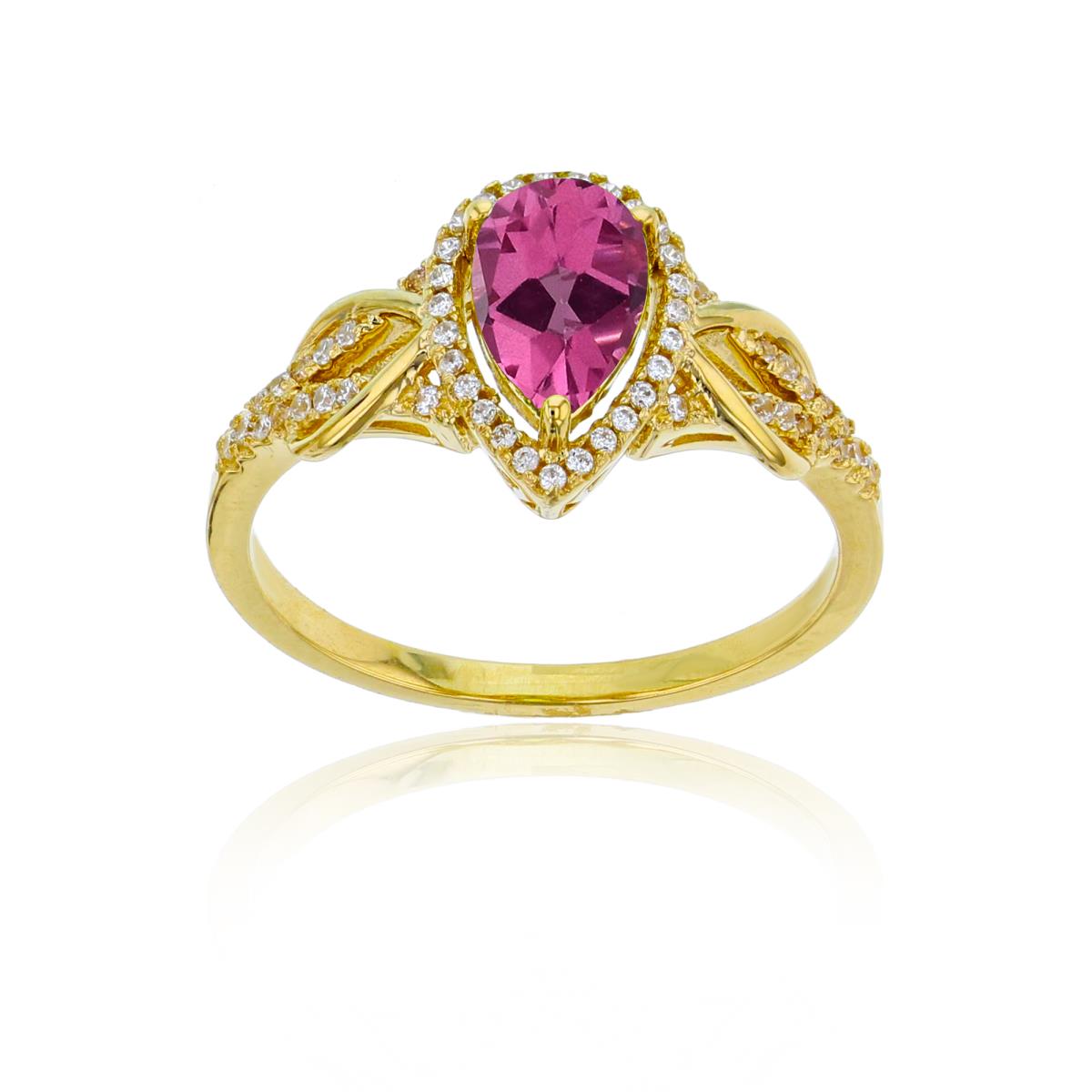 Sterling Silver Yellow 0.17CTTW Rnd Diamond & 8x5mm Pear Cut Created Pink Sapphire Knot Sides Ring