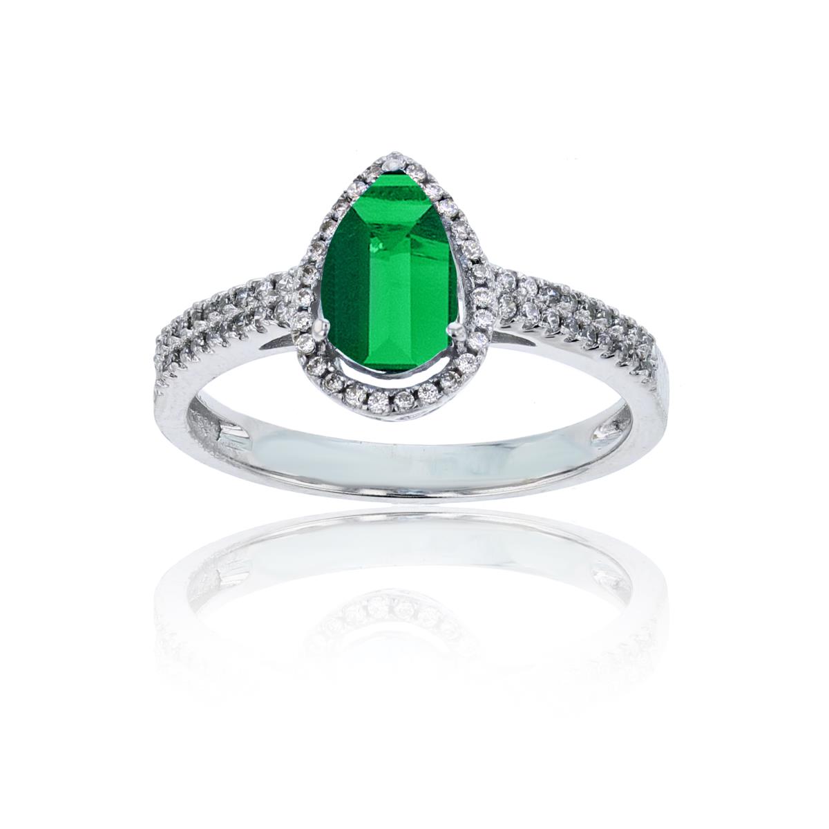 Sterling Silver Rhodium 0.20 CTTW Round Diamond & 8x5mm Pear Cut Created Emerald Halo Ring