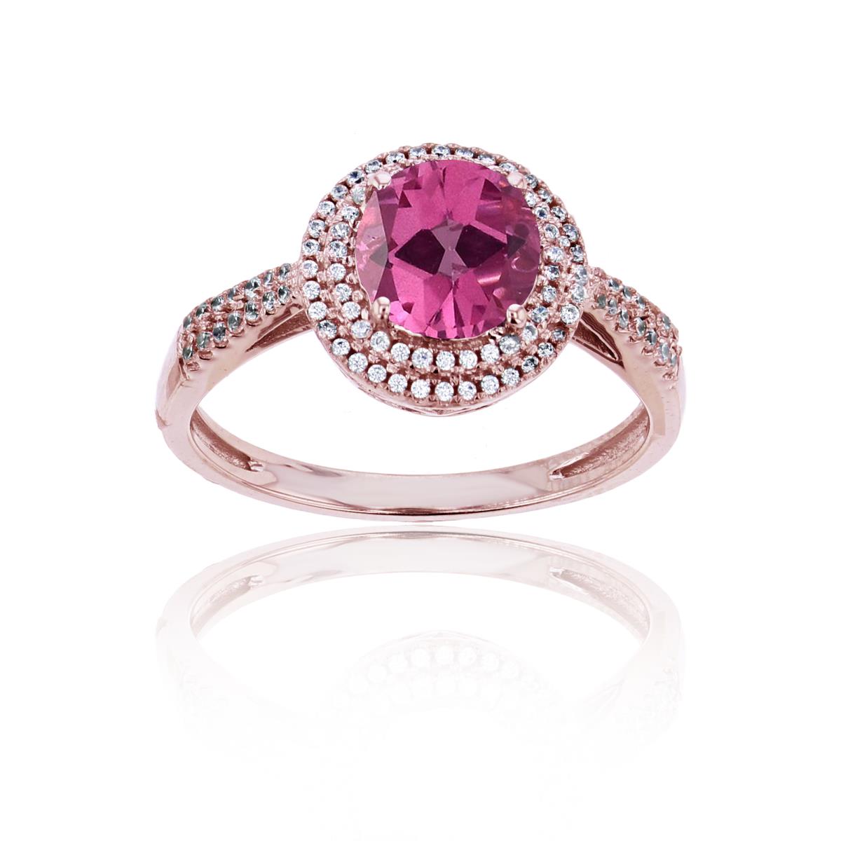 Sterling Silver Rose 0.15 CTTW Rnd Diamond & 7mm Rnd Created Pink Sapphire Double Halo Ring