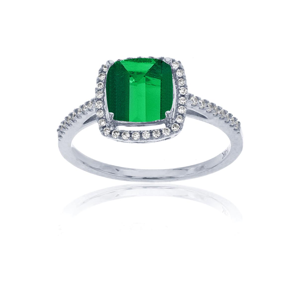 Sterling Silver Rhodium 0.18 CTTW Rnd Diamond & 7mm Cushion Created Emerald Halo Ring