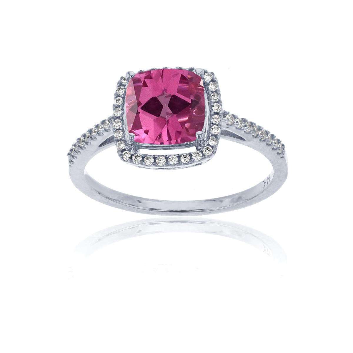 Sterling Silver Rhodium 0.18 CTTW Rnd Diamond & 7mm Cushion Created Pink Sapphire Halo Ring
