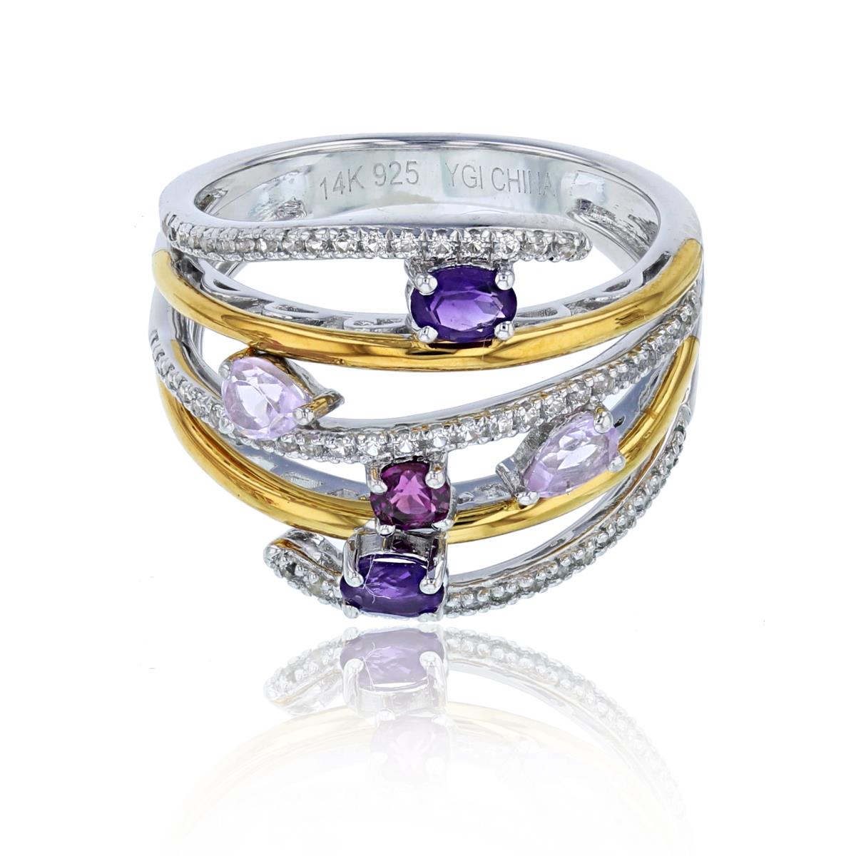 Sterling Silver Yellow & White Multi Cut RDF, Amethyst & White Topaz Open Rows Band
