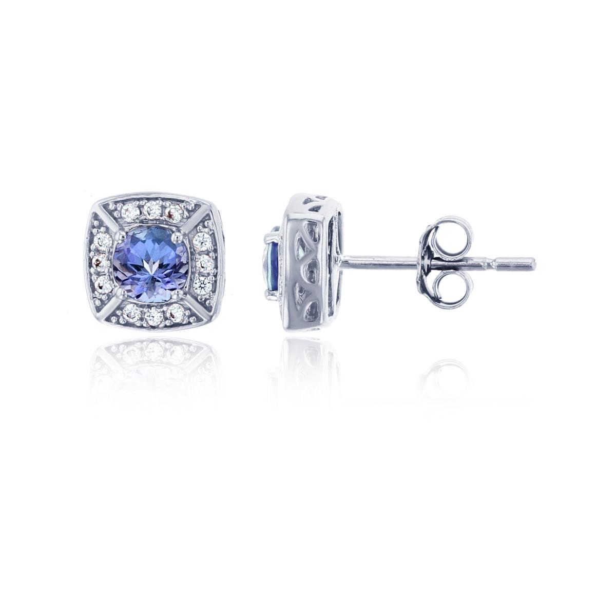 14K White Gold 0.12 CTTW Rd Diamond & 4mm Rd Tanzanite Cushion Stud Earring