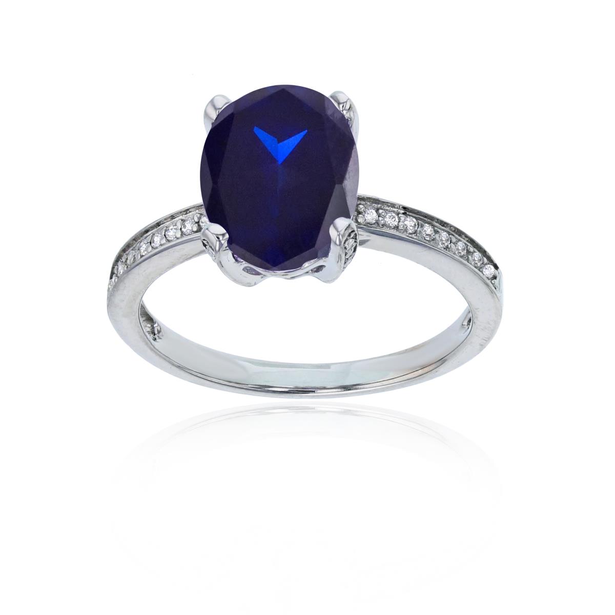 Sterling Silver Rhodium 1mm Cr White Sapphire Channel Set & 10x8-Ov Cr Blue Sapphire Eng Ring