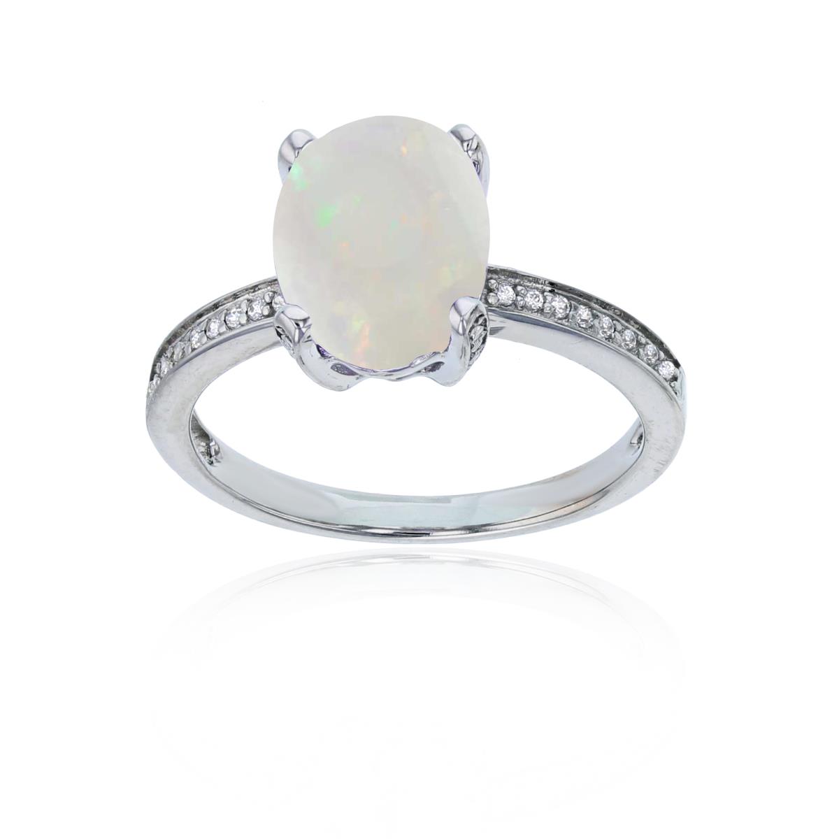 Sterling Silver Rhodium 1mm Cr White Sapphire Channel Set & 10x8-Ov Opal Eng Ring