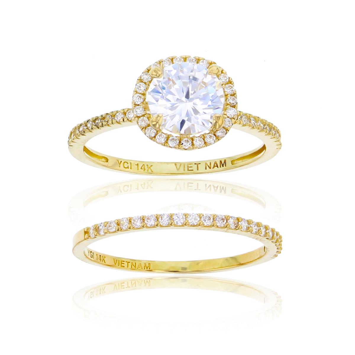 14K Yellow Gold 7mm Rd CZ Halo Engagement & Single Row Band Duo Rings Set