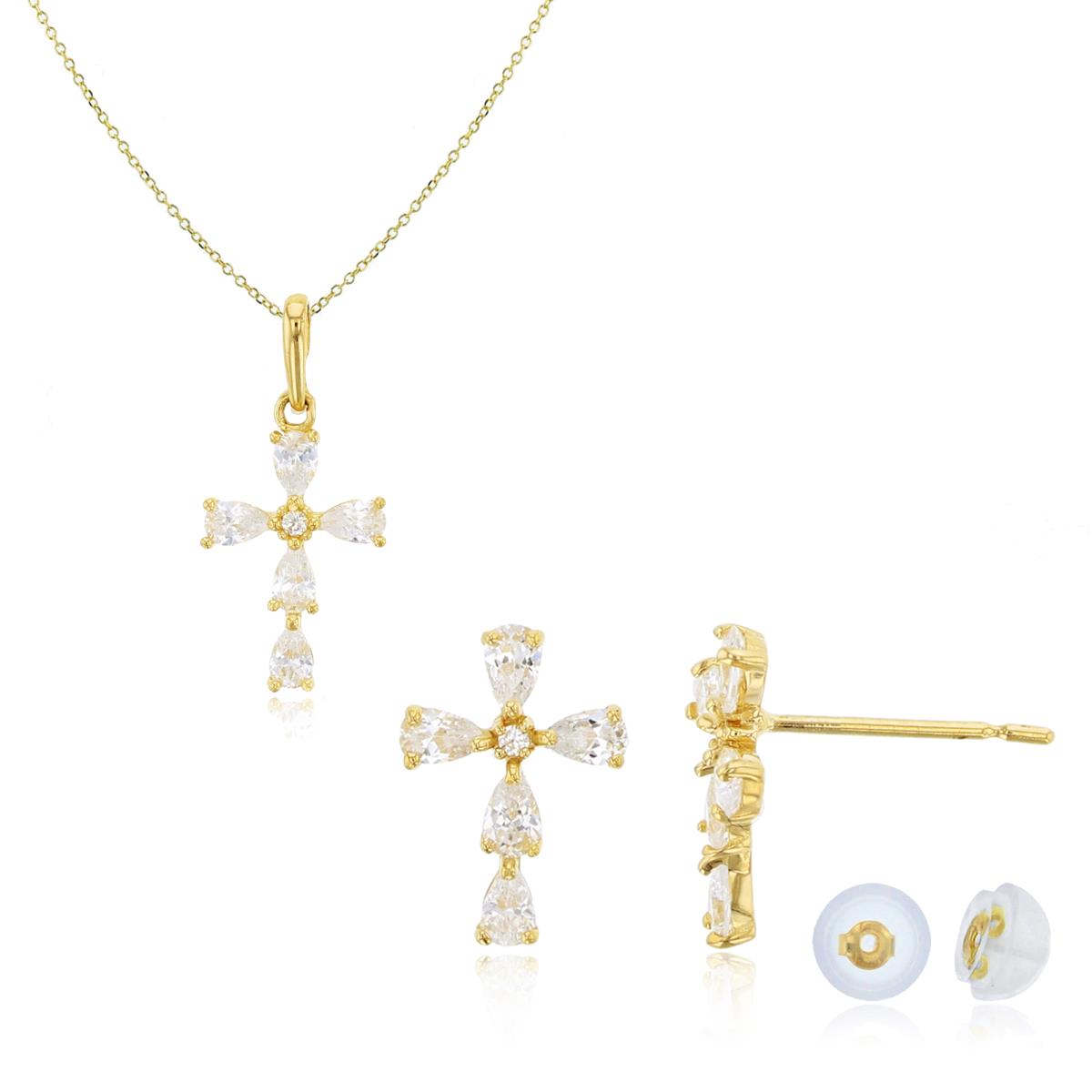 14K Yellow Gold Multi Cut CZ Cross 18" Necklace & Earring Set