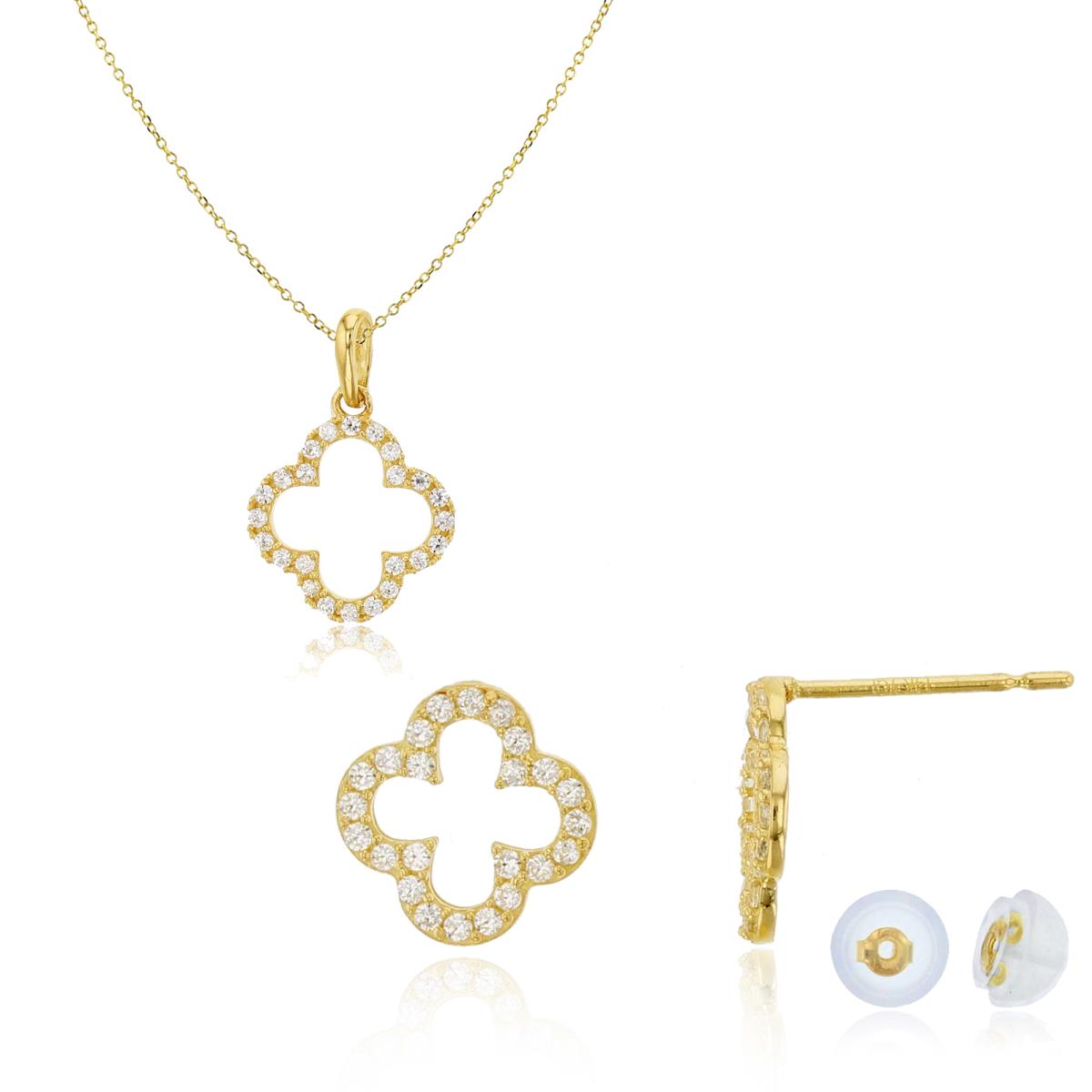 10K Yellow Gold Rnd CZ Open Flower 18" Necklace & Earring Set