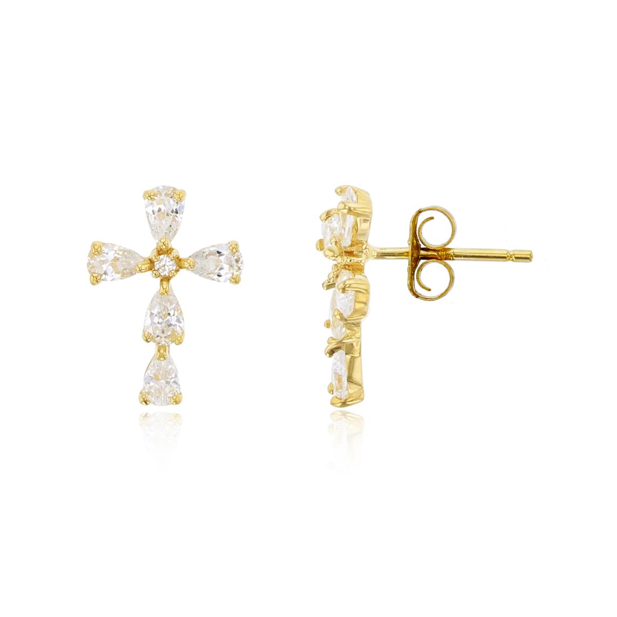14K Yellow Gold Rnd & PS CZ Cross Stud Earring with 4.5mm Clutch