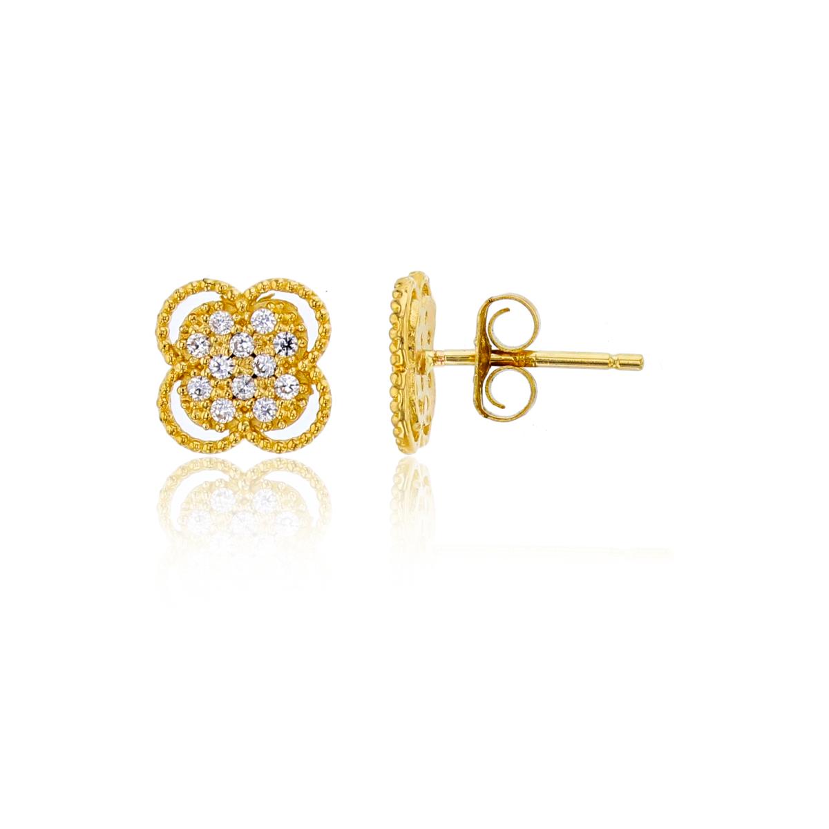14K Yellow Gold Rnd CZ Micropave Milgrain Flower Studs with 4.5mm Clutch
