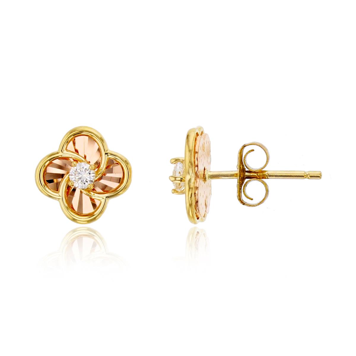 14K Yellow Gold Rnd CZ Center Diamond Cut Flower Studs with 4.5mm Clutch