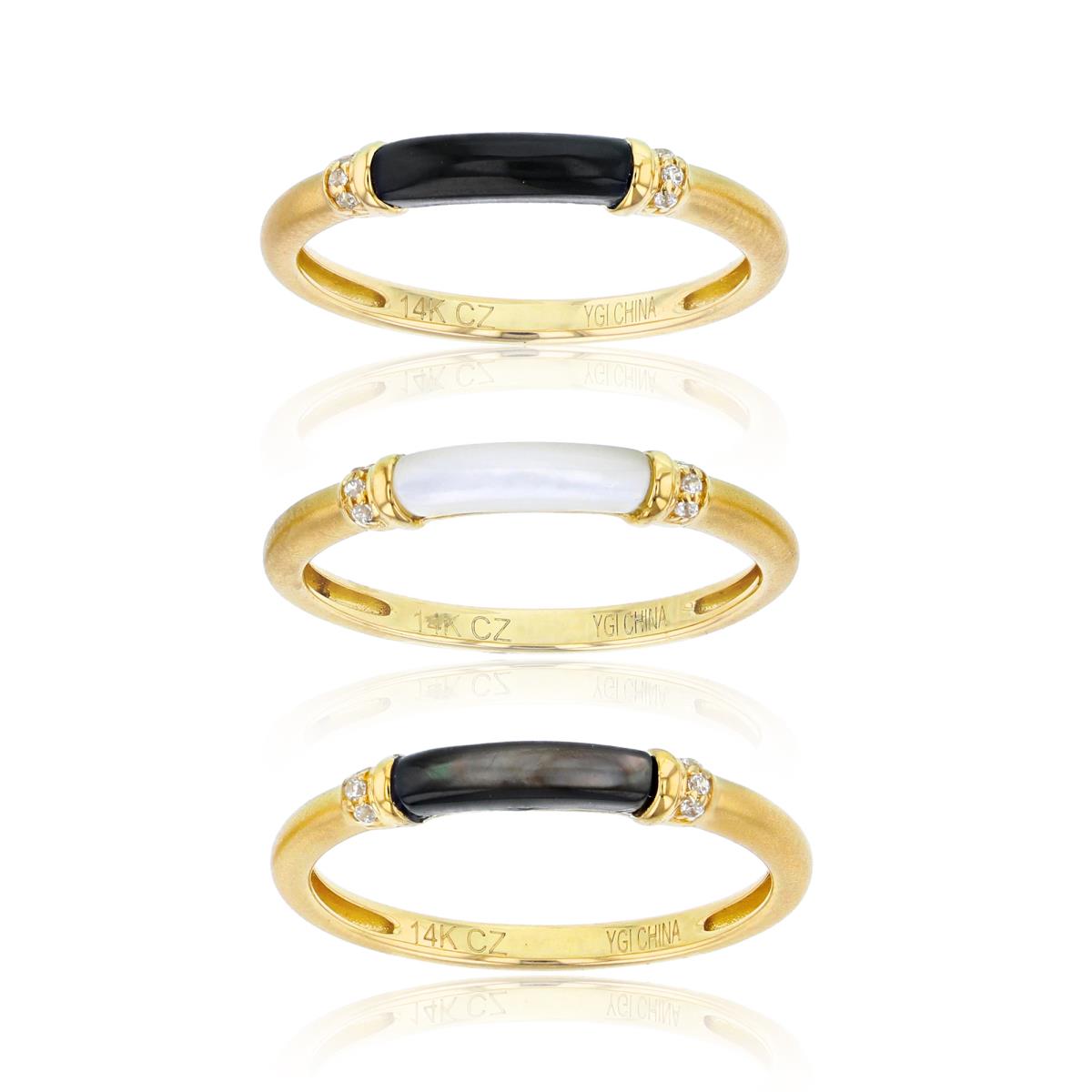 14K Yellow Gold Rnd CZ & Inlay Onyx/ White and Grey Mop 3-Stackable Rings