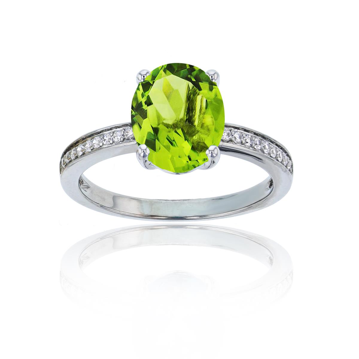 Sterling Silver Rose 1mm Rd Cr White Sapphire Channel Set & 10x8 Ov Peridot Eng Ring