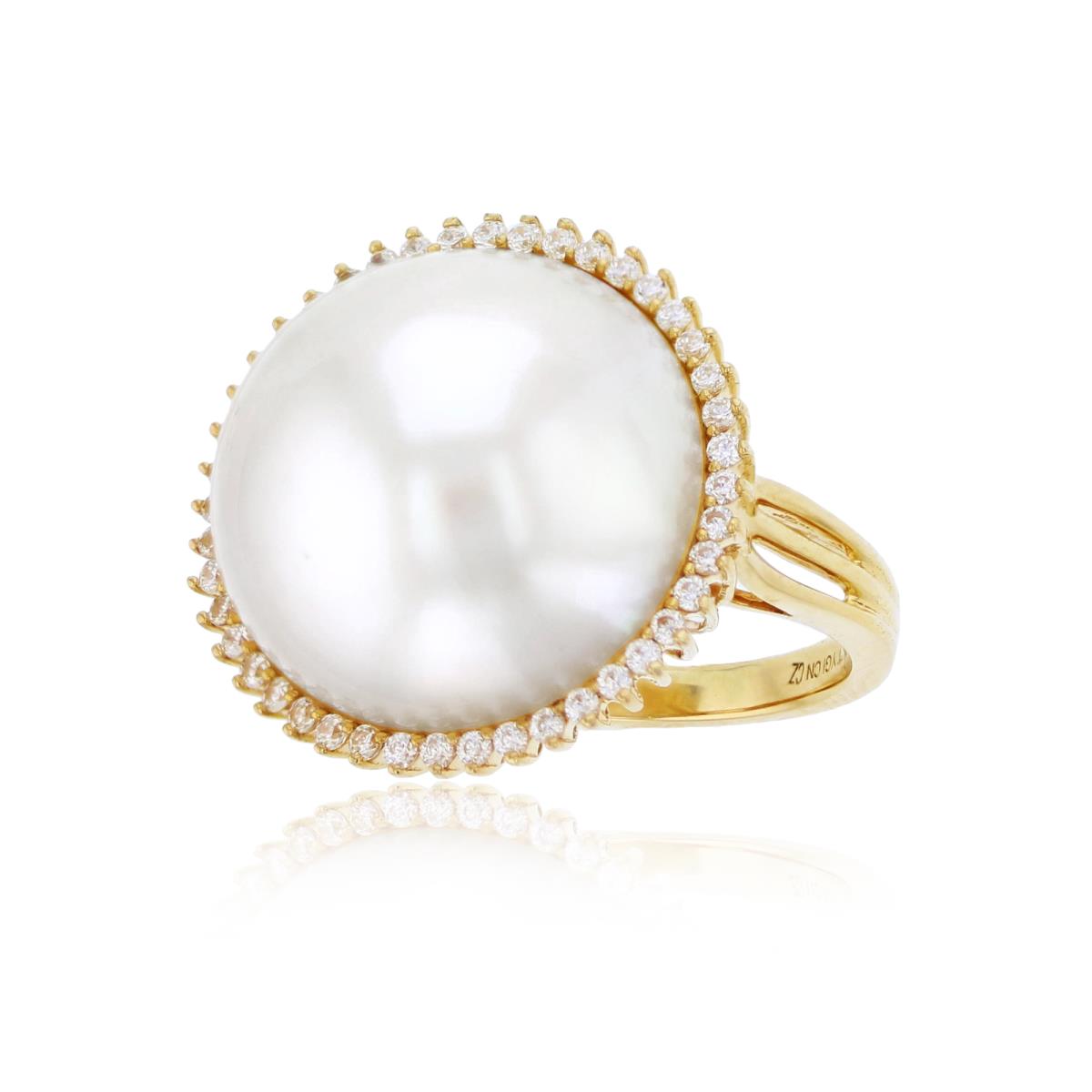 14K Yellow Gold Rnd CZ & 17mm Mabe Pearl Ring