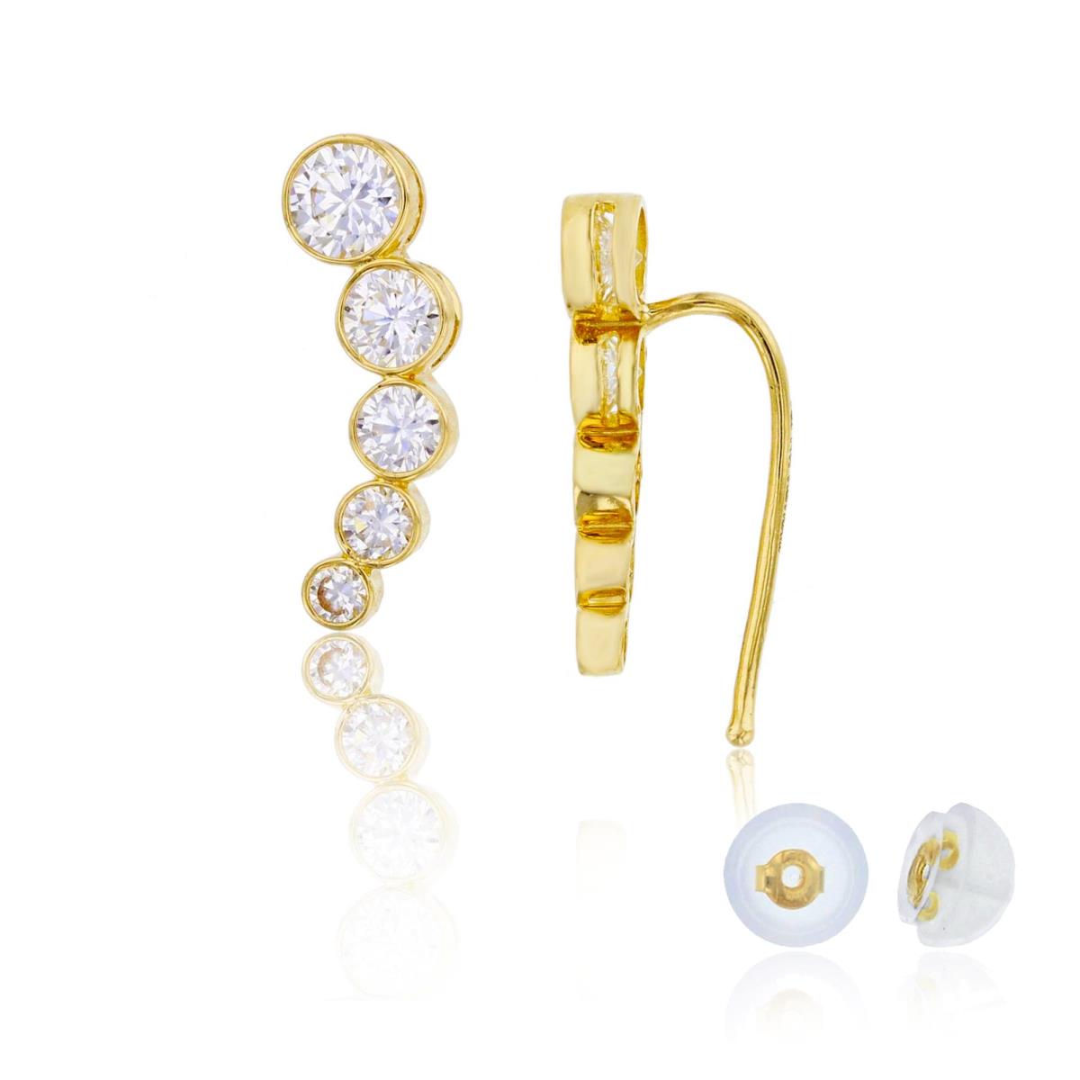 10K Yellow Gold 16x4mm Graduated Round Cut CZ Bezel Ear Crawler with Silicone Back