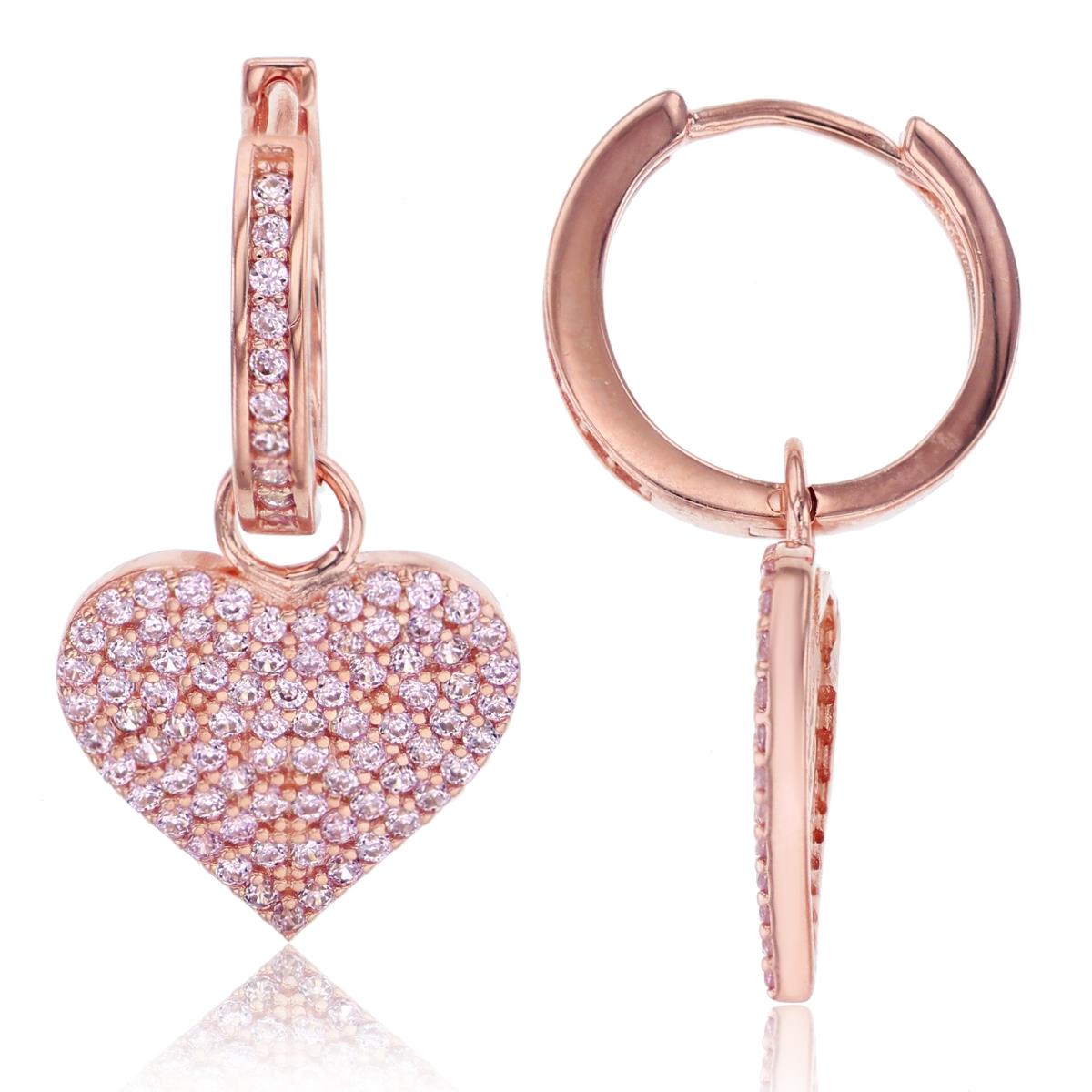 Sterling Silver Rose Micropave Pink CZ Heart Dangling Huggie Earring