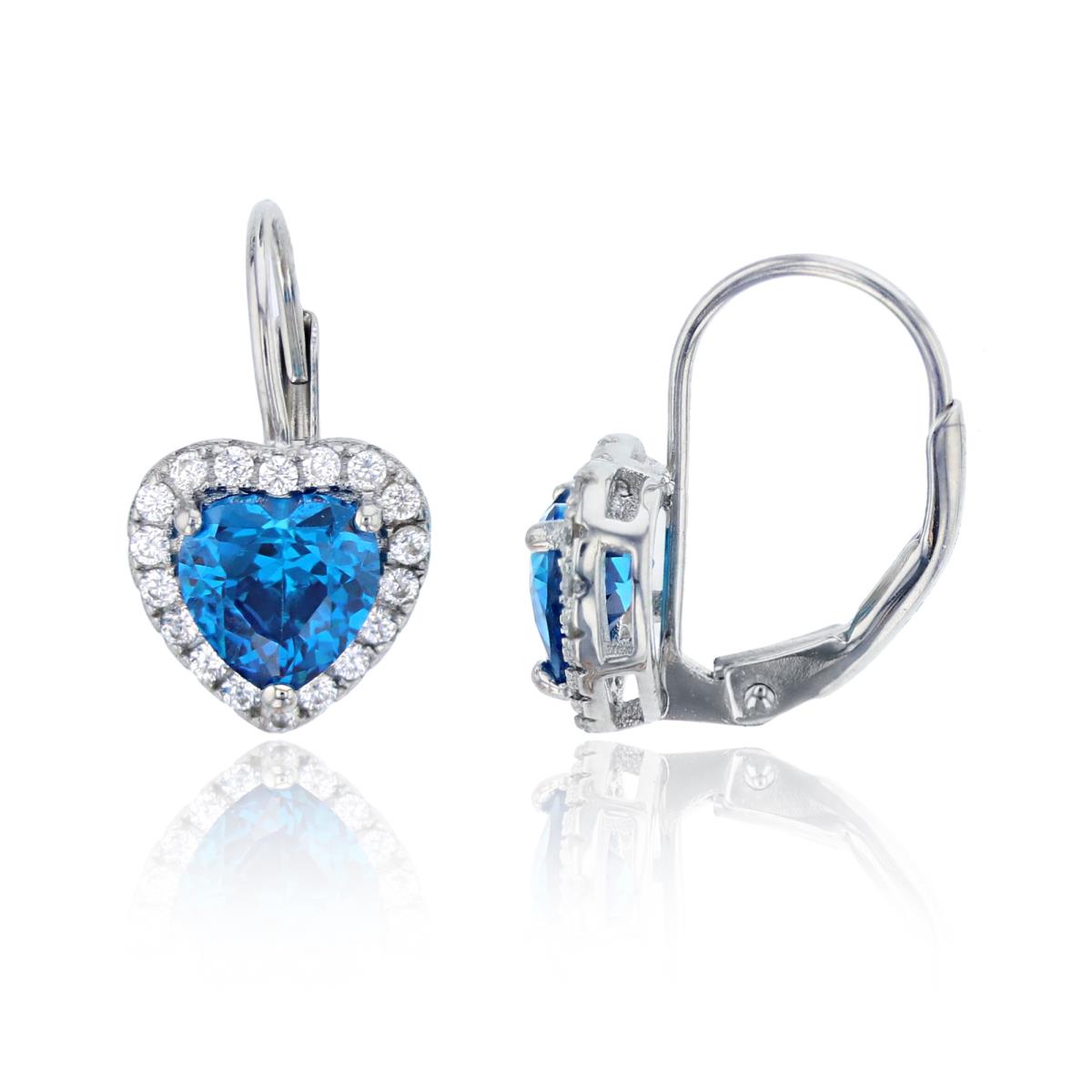 Sterling Silver Rhodium 6mm Deep Blue Heart Cut CZ Halo LeverBack Earring