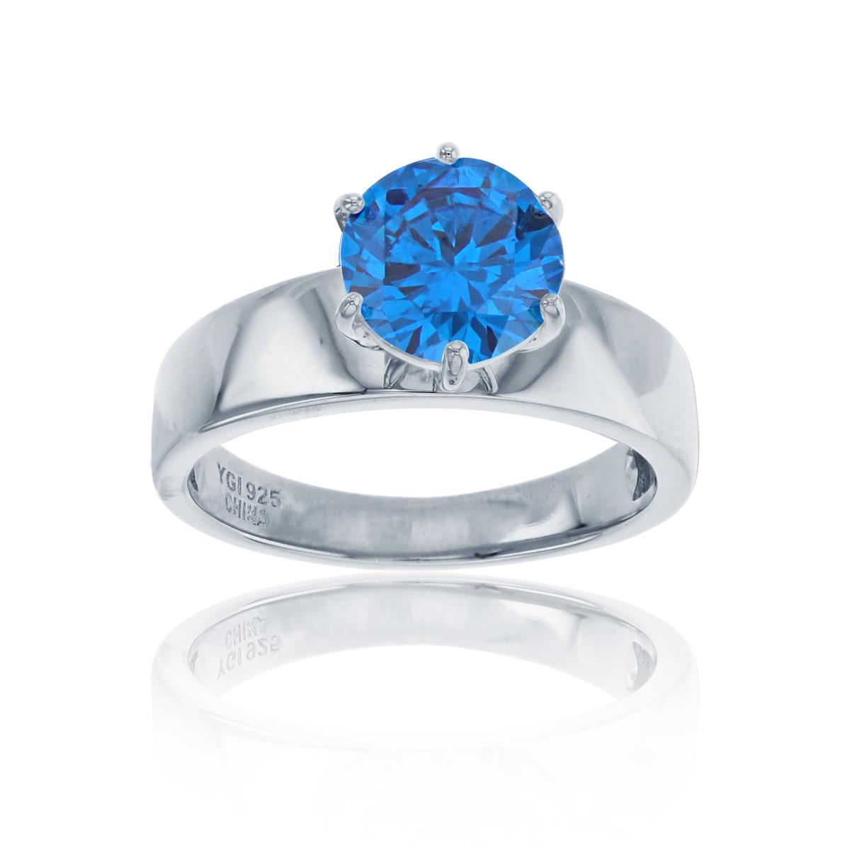 Sterling Silver Rhodium 8mm Deep Blue Round CZ High Polished Solitaire Ring