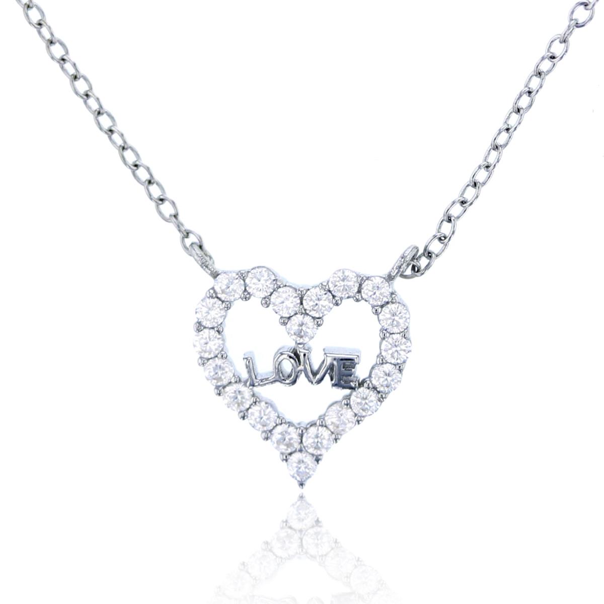 Sterling Silver Rhodium Paved Heart "Love" 18" Necklace