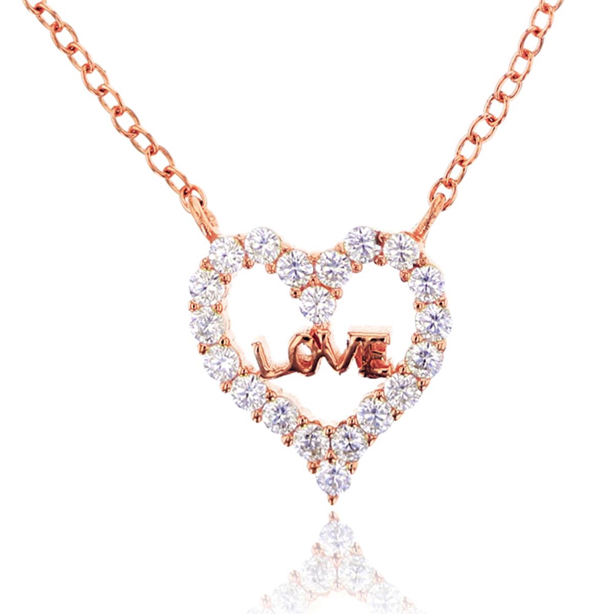 Sterling Silver Rose 1-Micron Paved Heart "Love" 18" Necklace