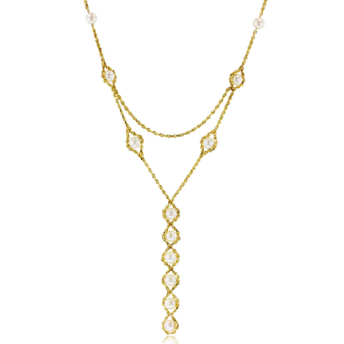 14K Yellow Gold 6mm White Pearl Vertical Flexi Dangling Wrapped with Chain 18"Necklace
