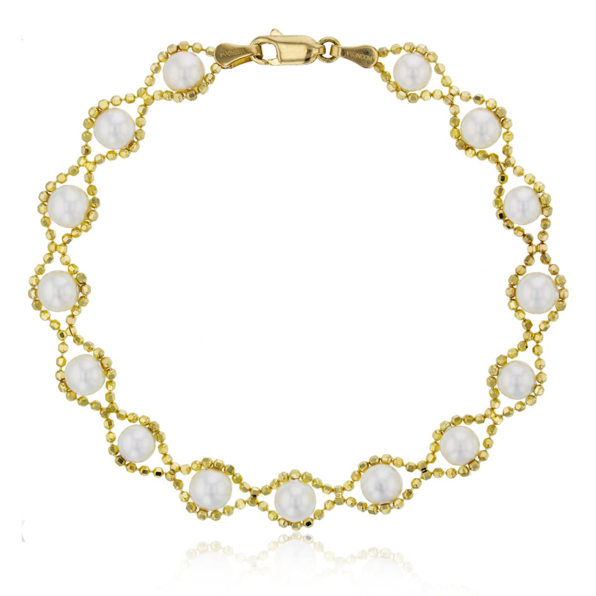 14K Yellow Gold 5mm White Pearl Chained Bracelet