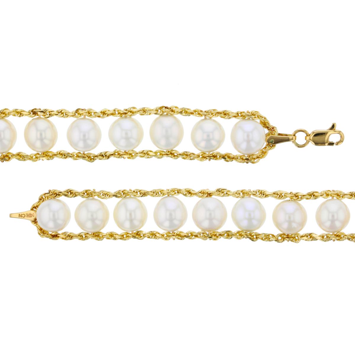 14K Yellow Gold 7mm White Pearl Straight Chained Bracelet