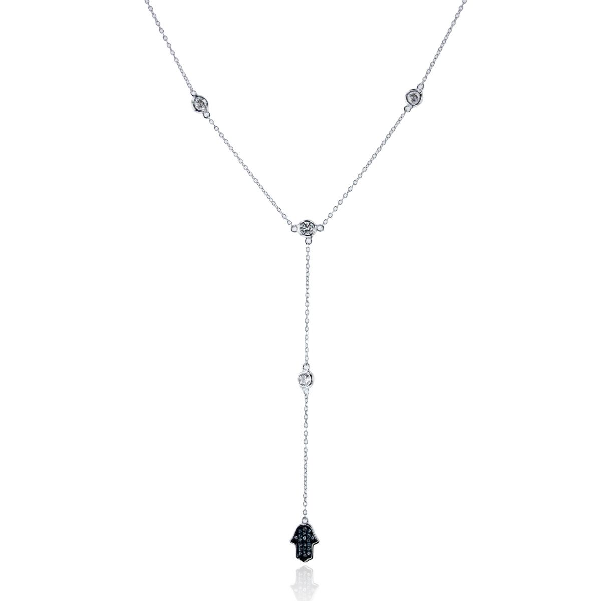 Sterling Silver Two-Tone White & Blue Sapphire Rnd CZ Dangling Hamsa 16"+2"ext Station Necklace