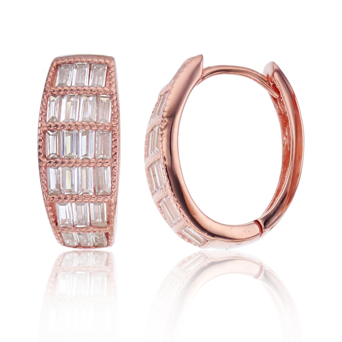 Sterling Silver 1Micron Rose Gold SB White CZ Textured Channel Rows 19X8mm Huggie Earring