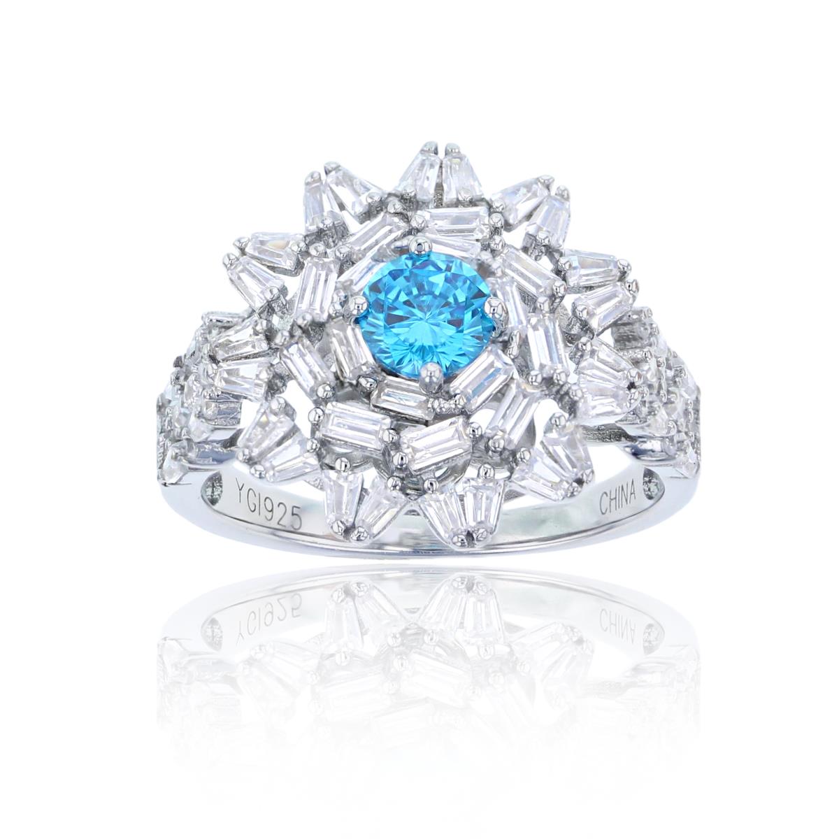 Sterling Silver Rhodium 5mm Swiss Blue Rd Cut & Bgt CZ Sunflower Fashion Ring