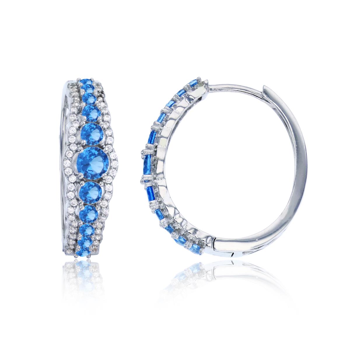 Sterling Silver Rhodium Rnd White & #113 Blue CZ Graduated Row 24X7.5mm Oval Hoop Earring
