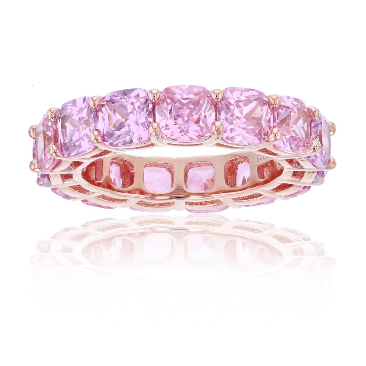 Sterling Silver Rose 1-Micron 5mm Pink Cushion Cut CZ Eternity Ring