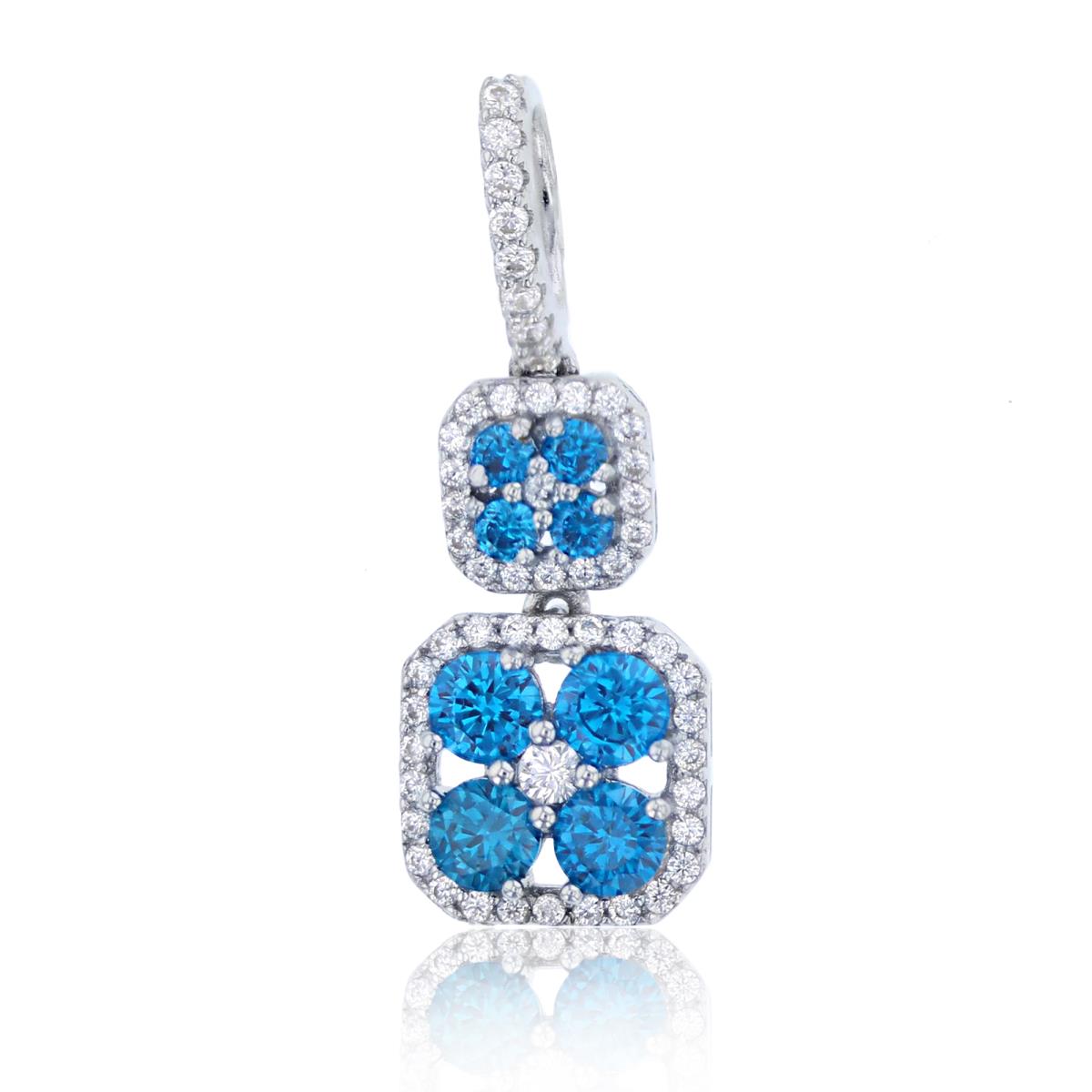 Sterling Silver Rhodium 27x10mm  Rnd White & London Blue CZ Double Cushion Cluster Pendant