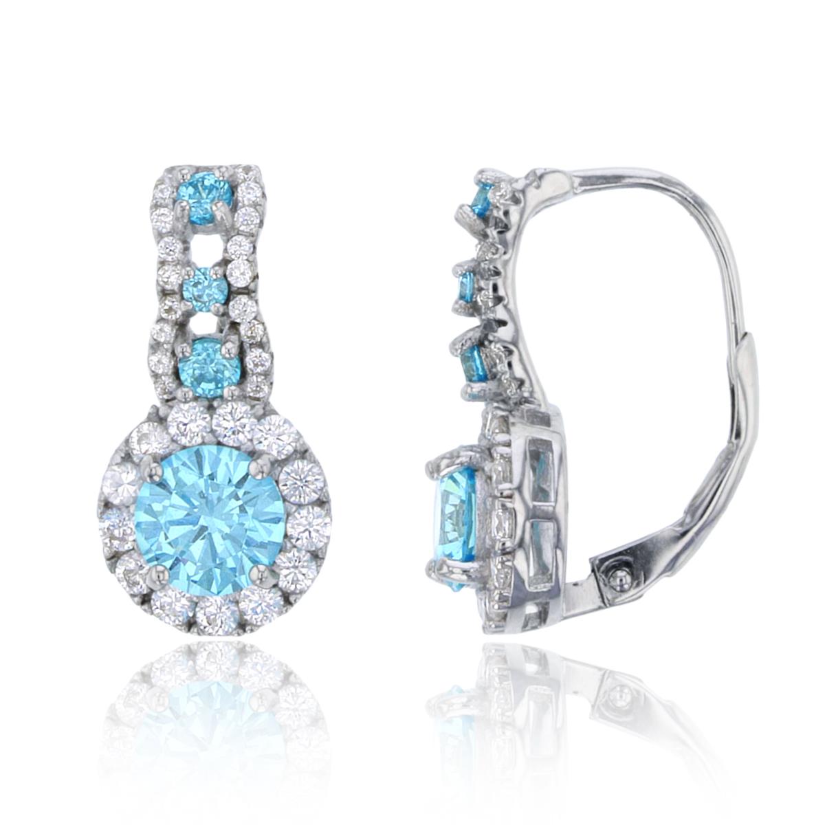 Sterling Silver Rhodium 6mm Rnd #22 Blue CZ Center & 1-2.5mm Rnd Blue/White CZ Halo Earring