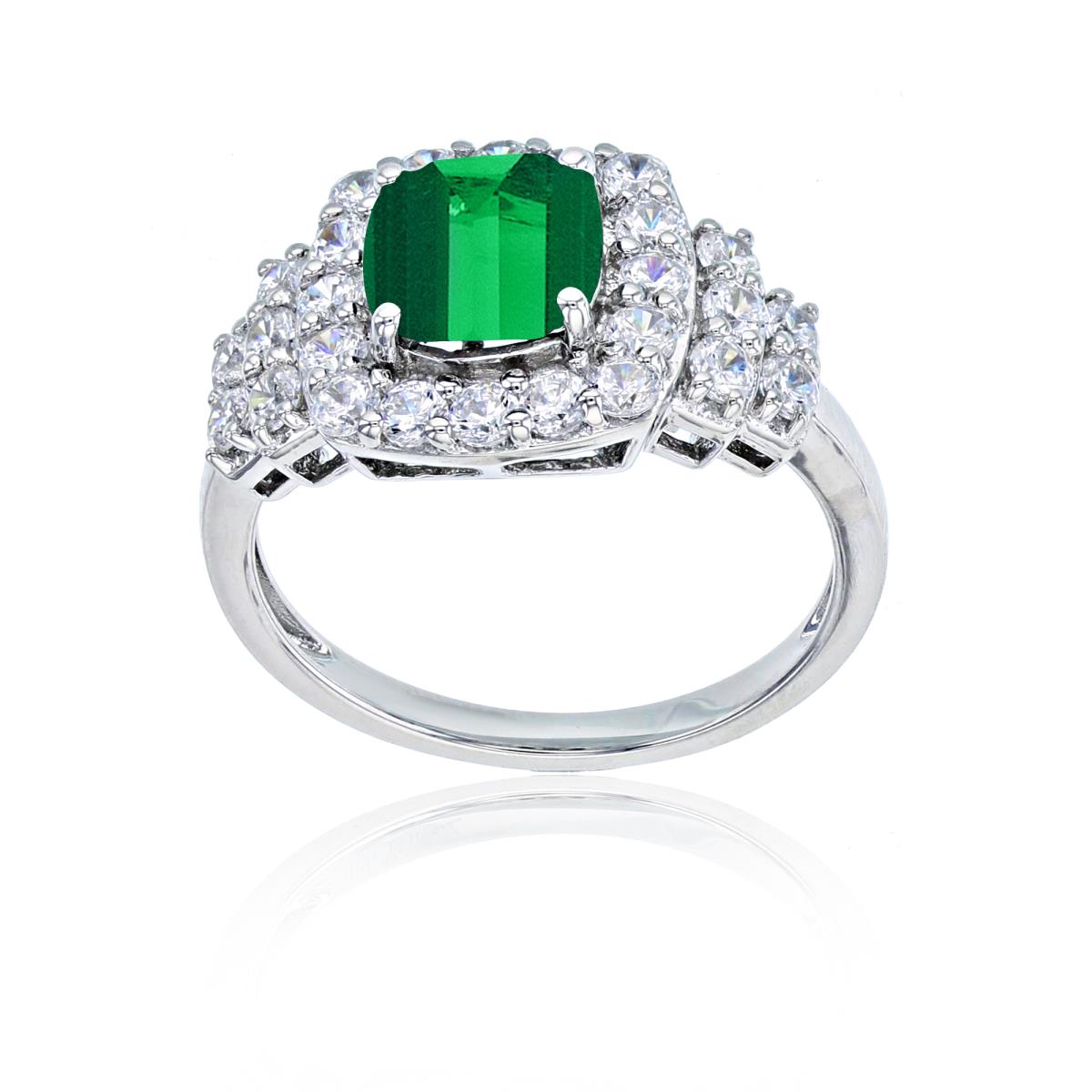 Sterling Silver Rose 7mm Cush Cr Emerald & Rd Cr White Sapphire Ring