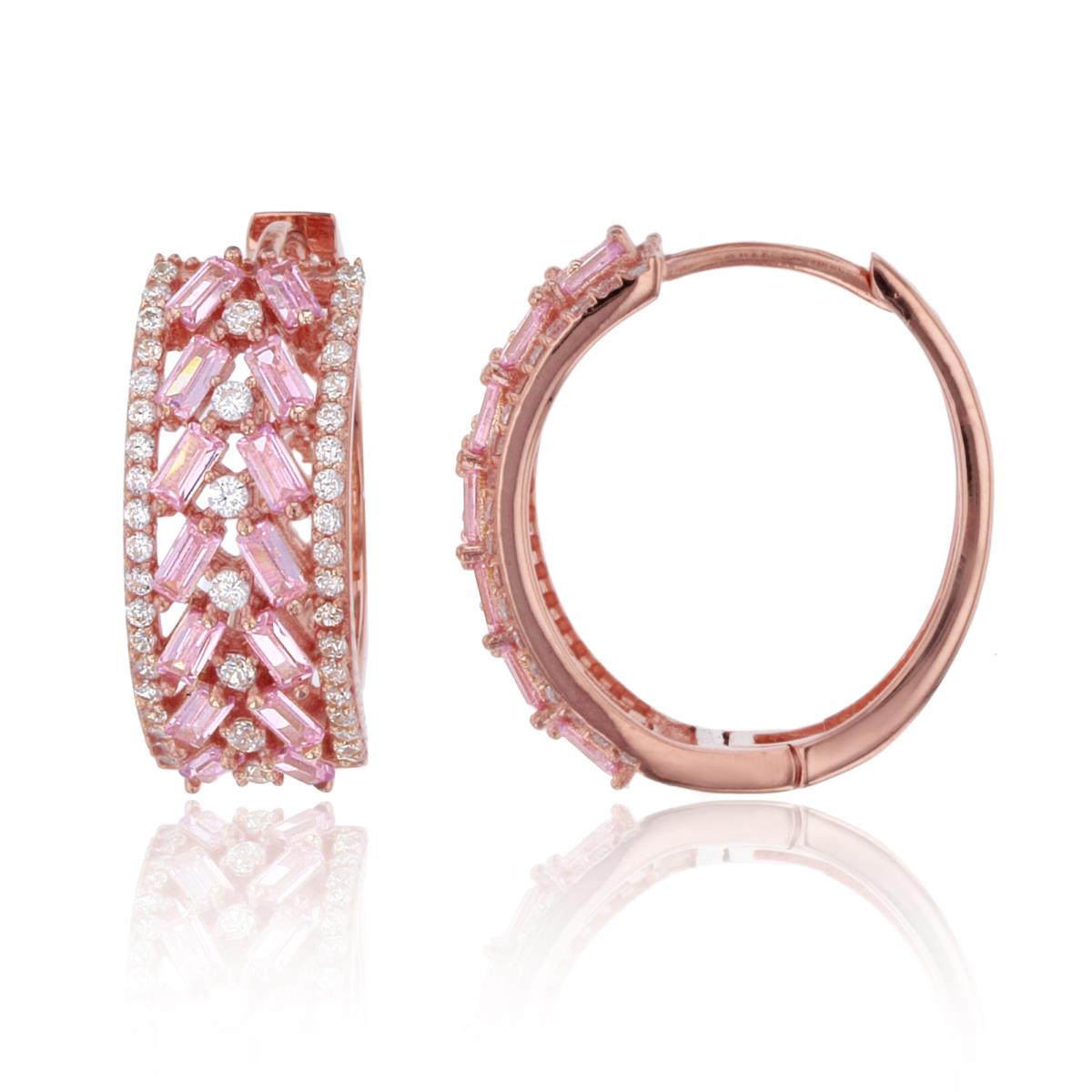 Sterling Silver 1Micron Rose Gold SB Pink & Rnd White CZ  21.5X8.3mm Oval Fashion Hoop Earring