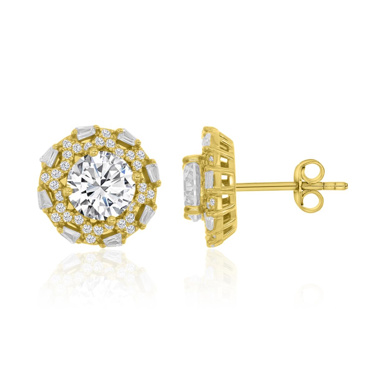 Sterling Silver 1Micro Yellow Gold 7.5mm Rnd Center & TB/Rnd  White CZ  Halo Stud Earrings