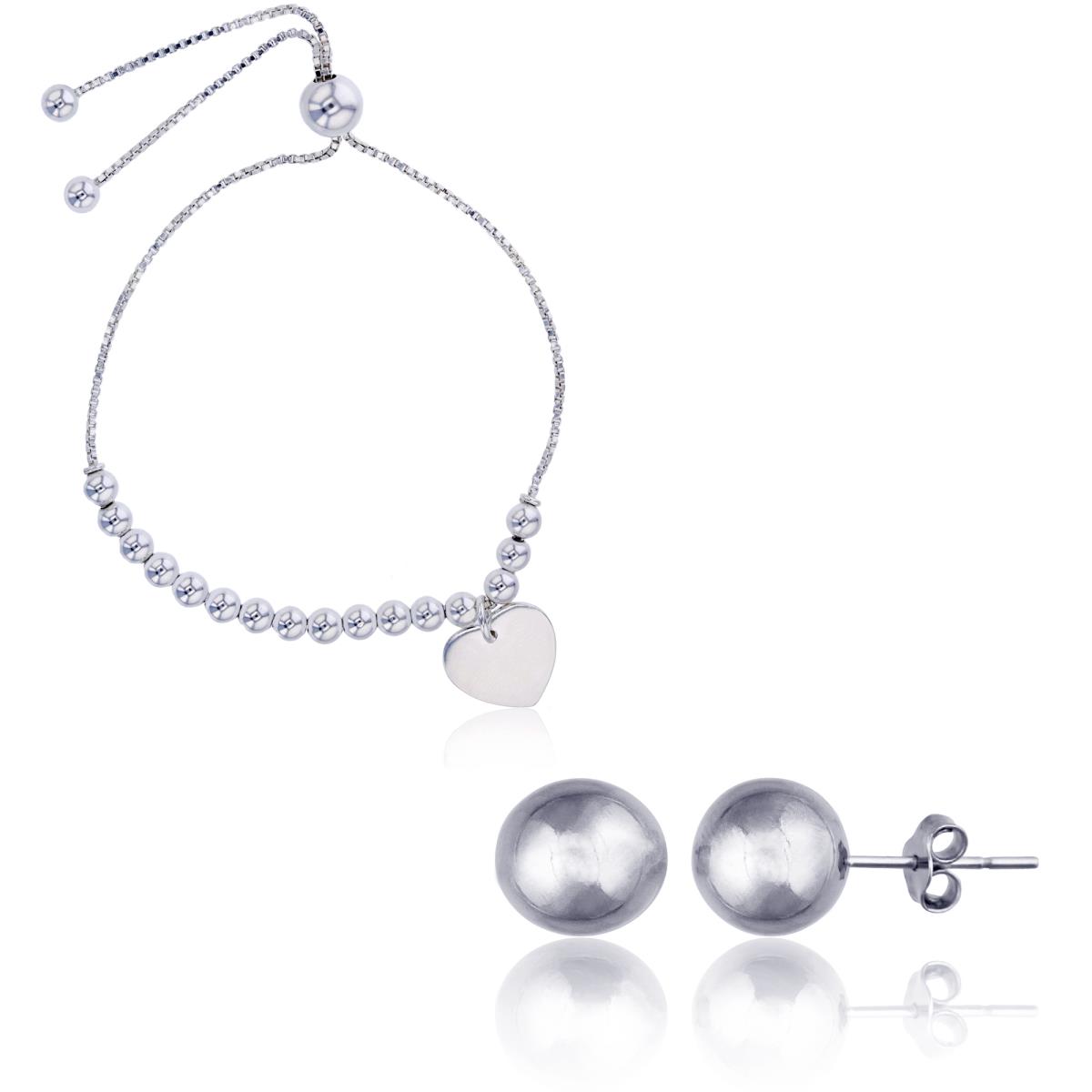 Sterling Silver Polished Dangling Heart Adjustable Bracelet & 6mm HP Ball Stud Set