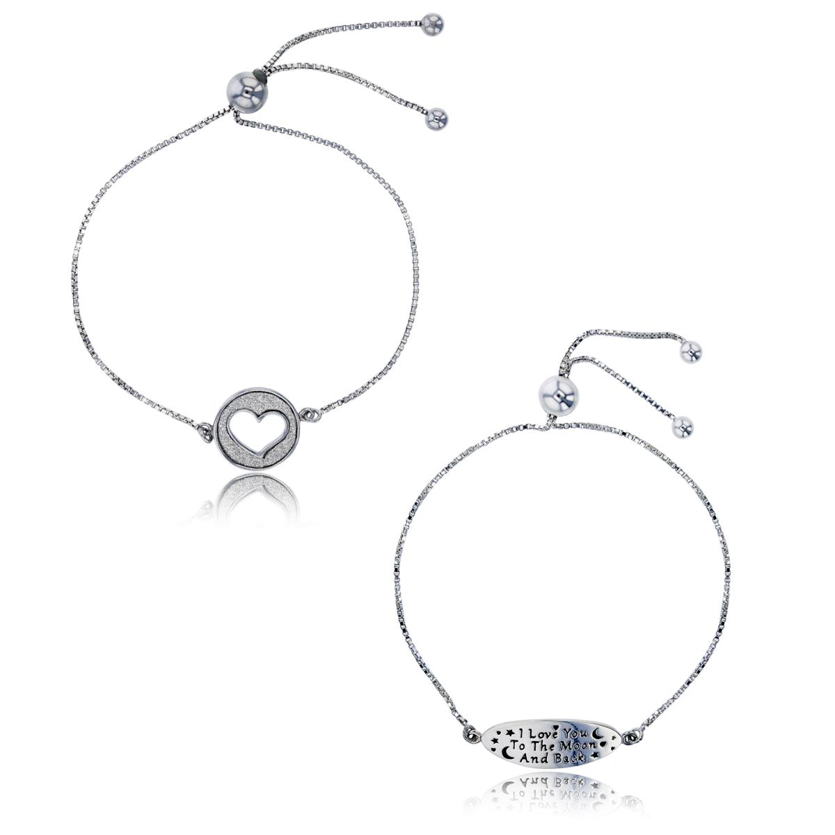 Sterling Silver Rhodium Open Heart Glitter & "I Love You To The Moon And Back" Adjustable Bracelet Set