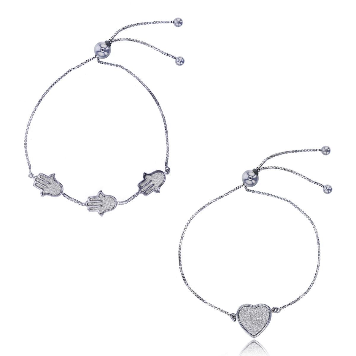 Sterling Silver Rhodium Glitter Triple Hamsa & Heart Adjustable Bracelet Set