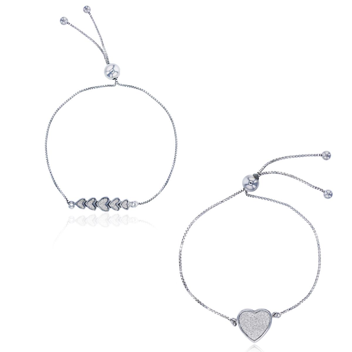 Sterling Silver Rhodium Glitter 5 Graduated Hearts & Heart Adjustable Bracelet Set