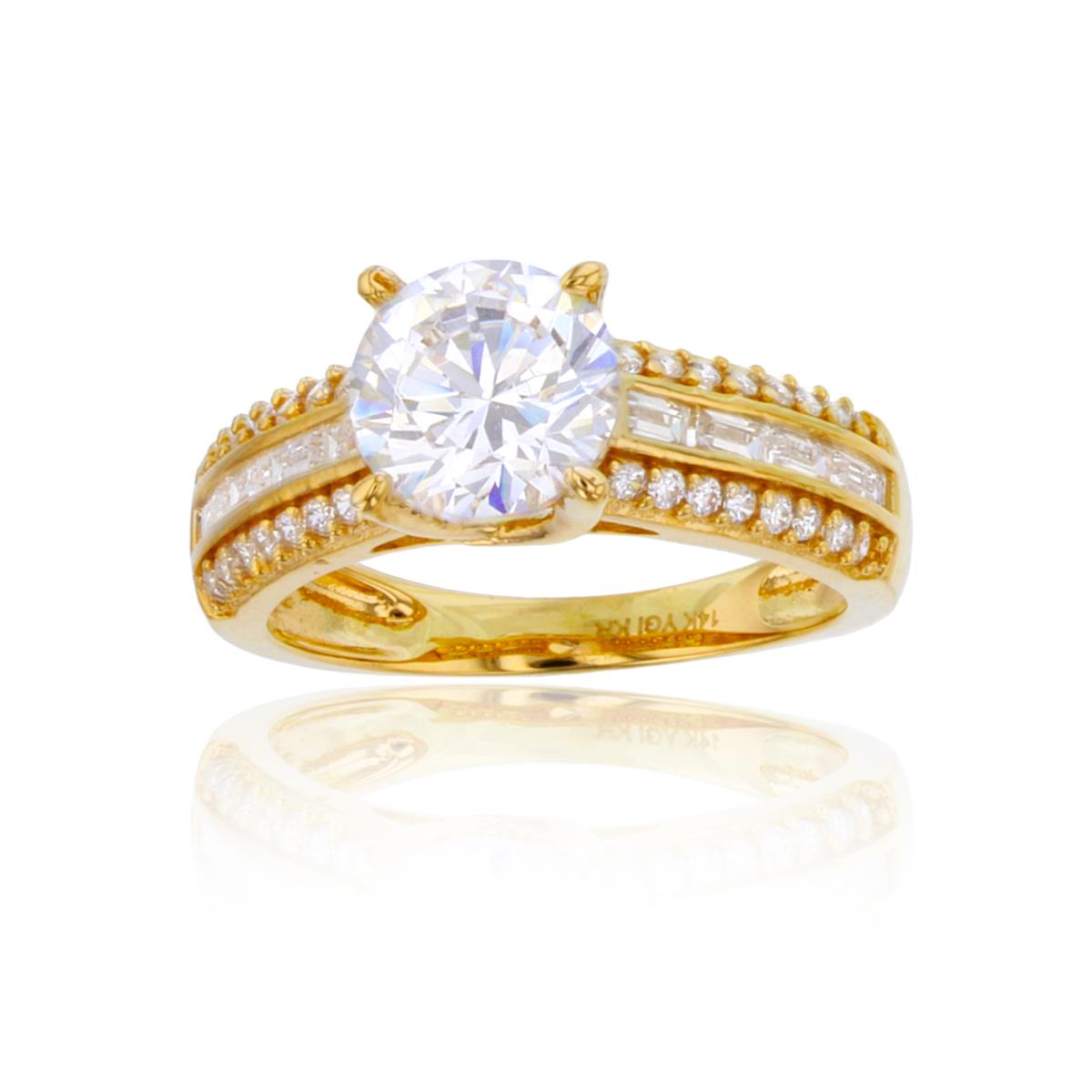 14K Yellow Gold 8mm Round Cut & Rd/Baguette CZ Sides Eng Ring