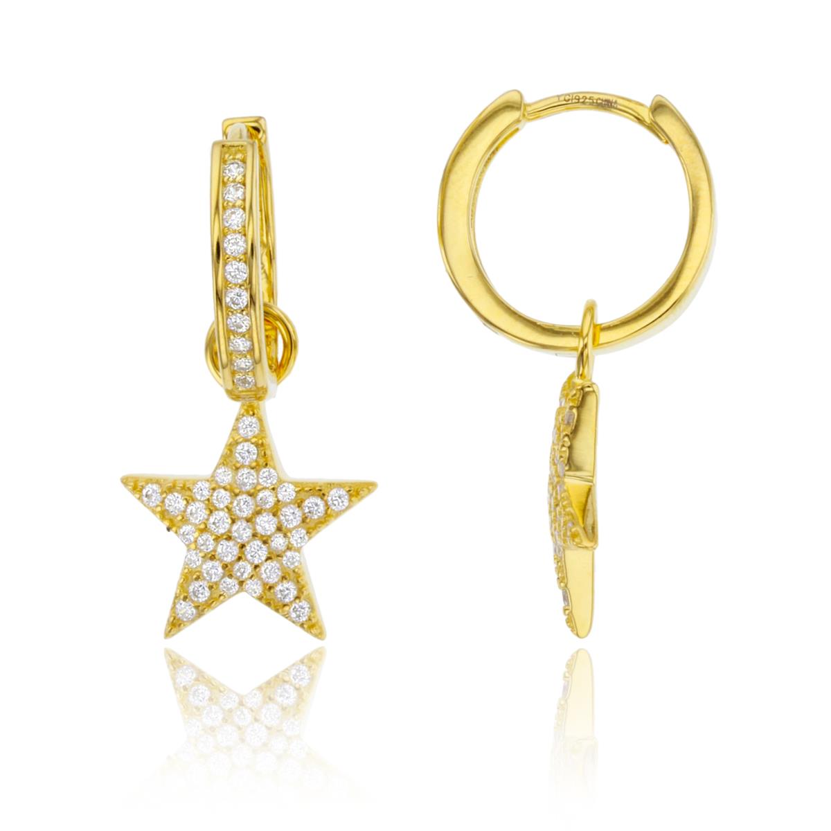 Sterling Silver 1Micron Yellow Gold Rnd White CZ Huggie Top & Dangling Star Earring