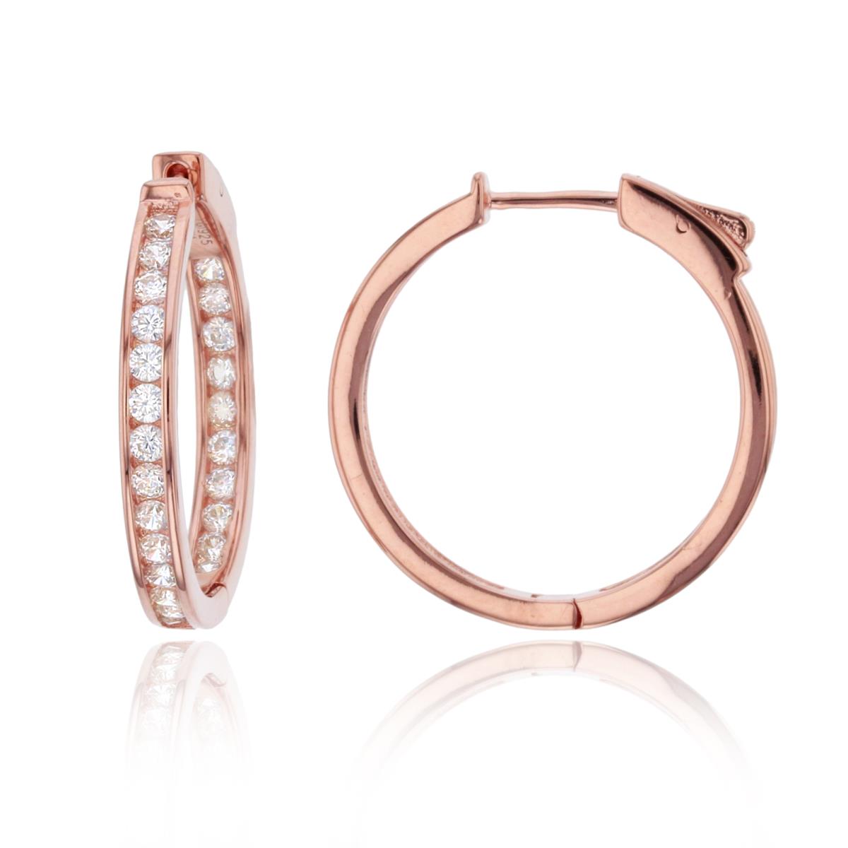 Sterling Silver 1Micron Rose Gold Rnd CZ Channel 25.5X3mm Hoop Earring