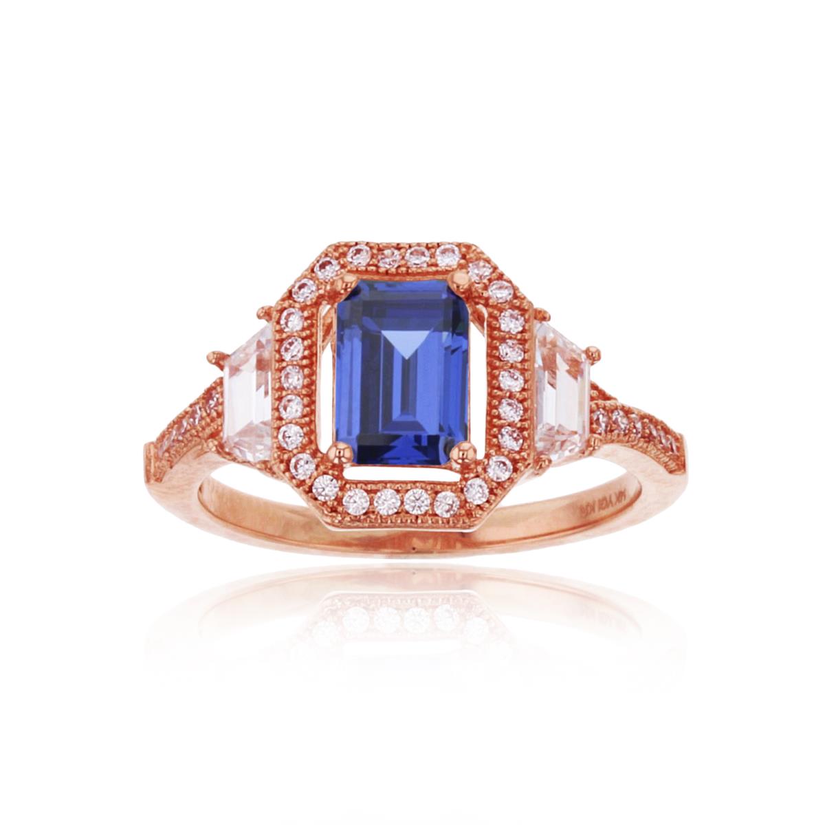 10K Rose Gold 7x5mm Tanzanite Emerald Cut with Baguette & Rd CZ Engagement Ring
